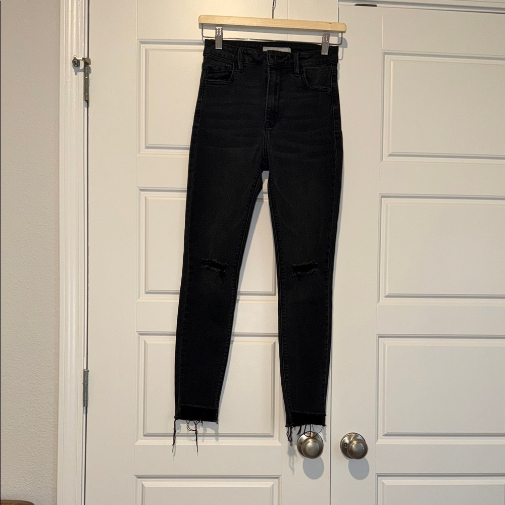 hidden ripped knee black high waist distressed skinny jeans with raw hem size 26